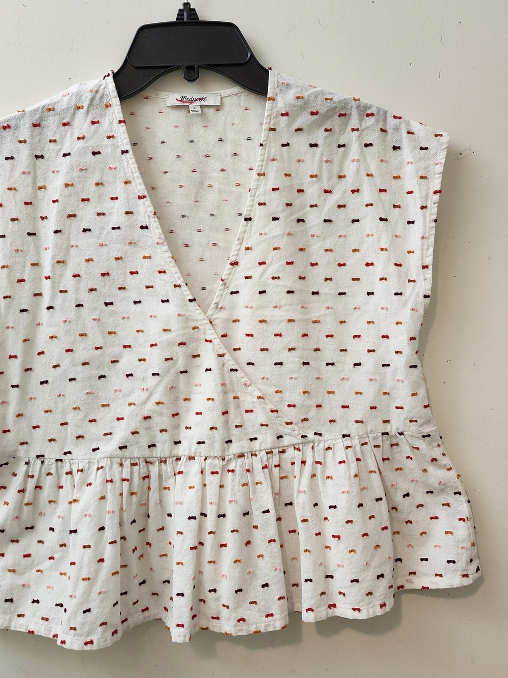 Madewell S Multicolor Crossover Clip Dot  Peplum Top Boho Comfortable Flatterin